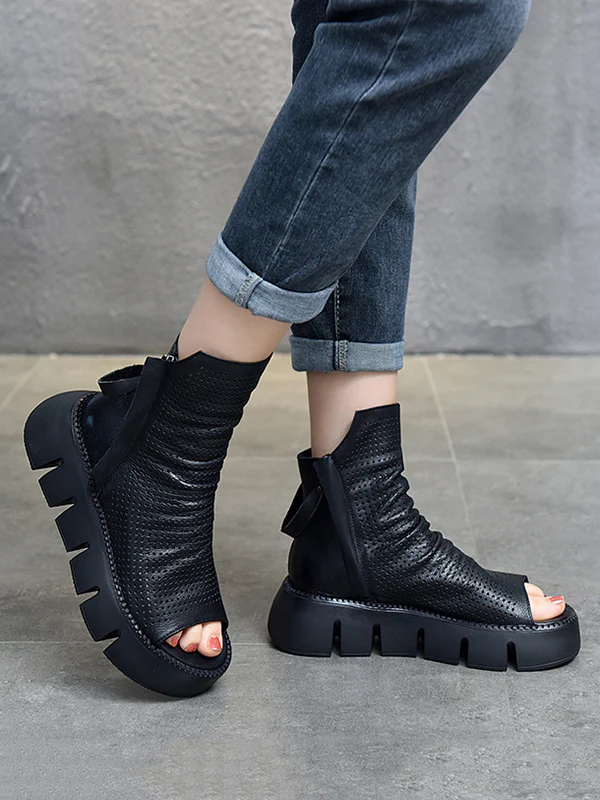 Urban Black Brown Zipper Hollow Platform Shoes - Image 10