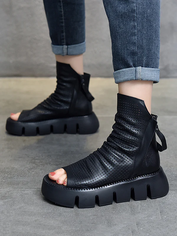 Urban Black Brown Zipper Hollow Platform Shoes - Image 11