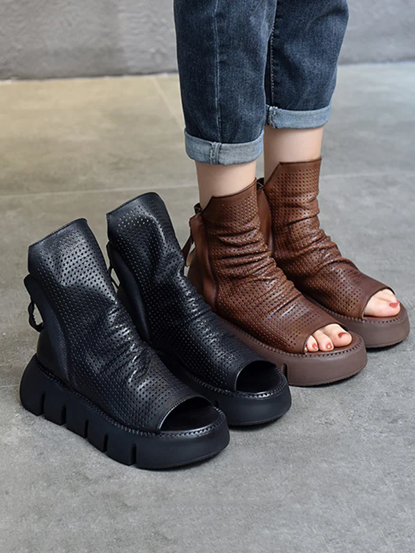 Urban Black Brown Zipper Hollow Platform Shoes - Image 12