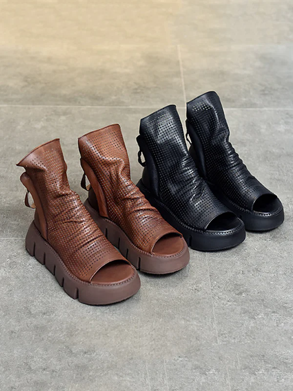 Urban Black Brown Zipper Hollow Platform Shoes - Image 13