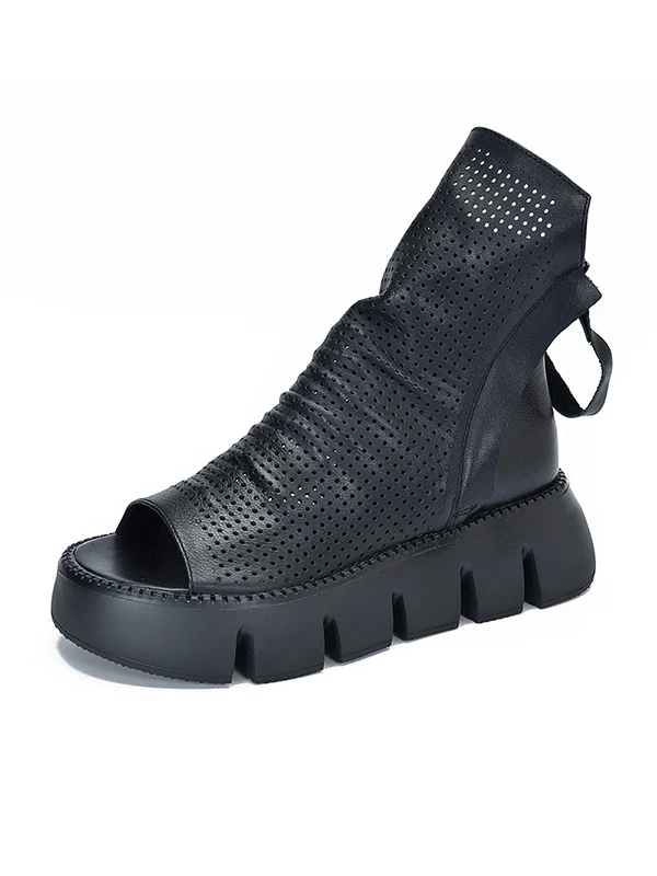 Urban Black Brown Zipper Hollow Platform Shoes - Image 18