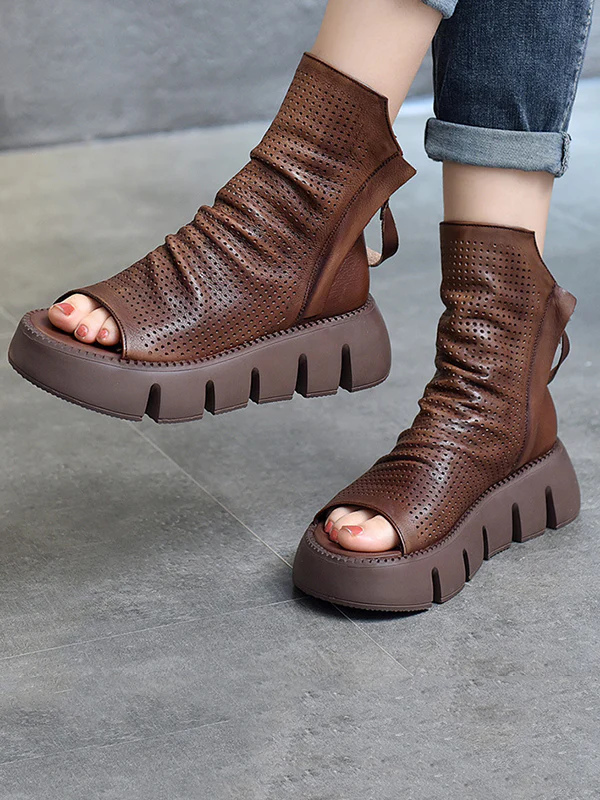 Urban Black Brown Zipper Hollow Platform Shoes - Image 2