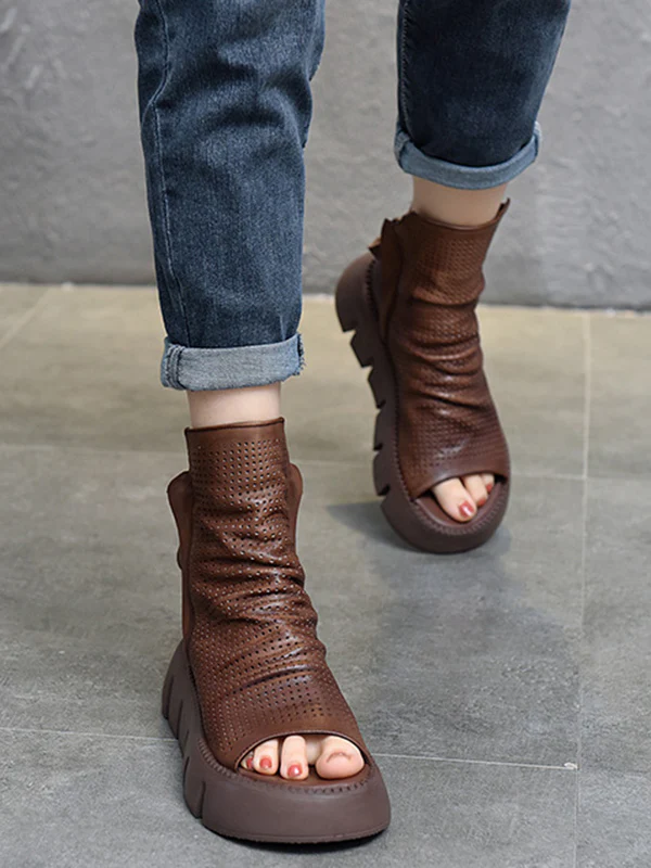 Urban Black Brown Zipper Hollow Platform Shoes - Image 3