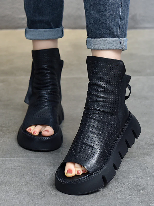 Urban Black Brown Zipper Hollow Platform Shoes - Image 9