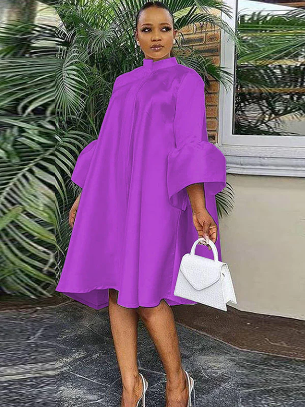 Urban Buttoned Solid Color Stand Collar Flared Sleeve Loose Midi Dress - Image 3