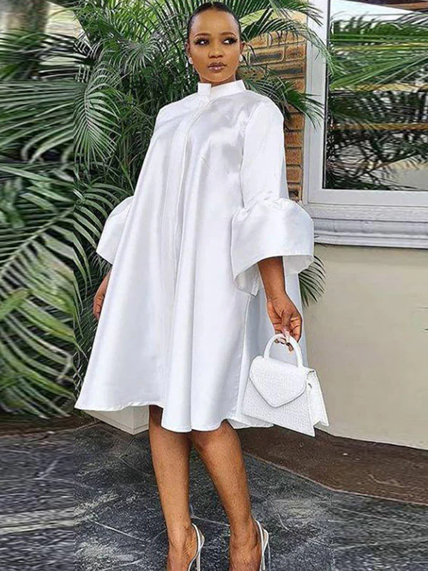 Urban Buttoned Solid Color Stand Collar Flared Sleeve Loose Midi Dress - Image 4