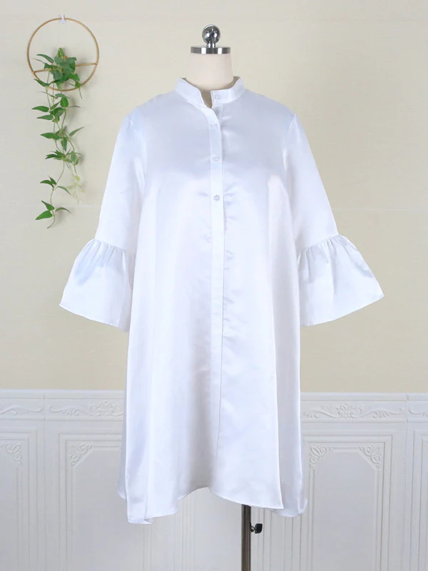 Urban Buttoned Solid Color Stand Collar Flared Sleeve Loose Midi Dress - Image 5
