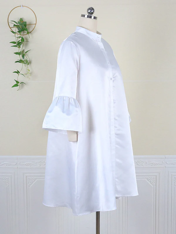 Urban Buttoned Solid Color Stand Collar Flared Sleeve Loose Midi Dress - Image 6