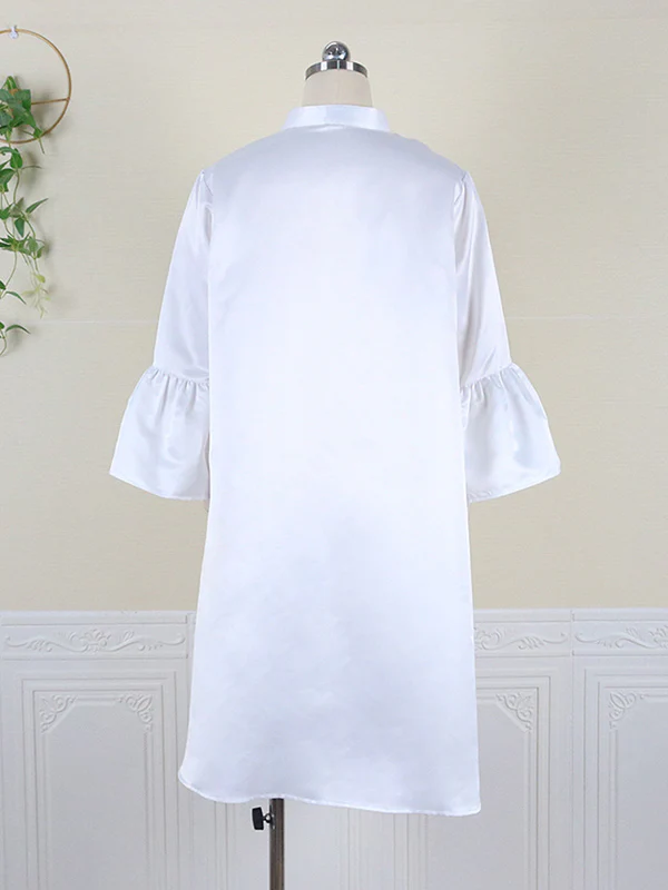 Urban Buttoned Solid Color Stand Collar Flared Sleeve Loose Midi Dress - Image 7