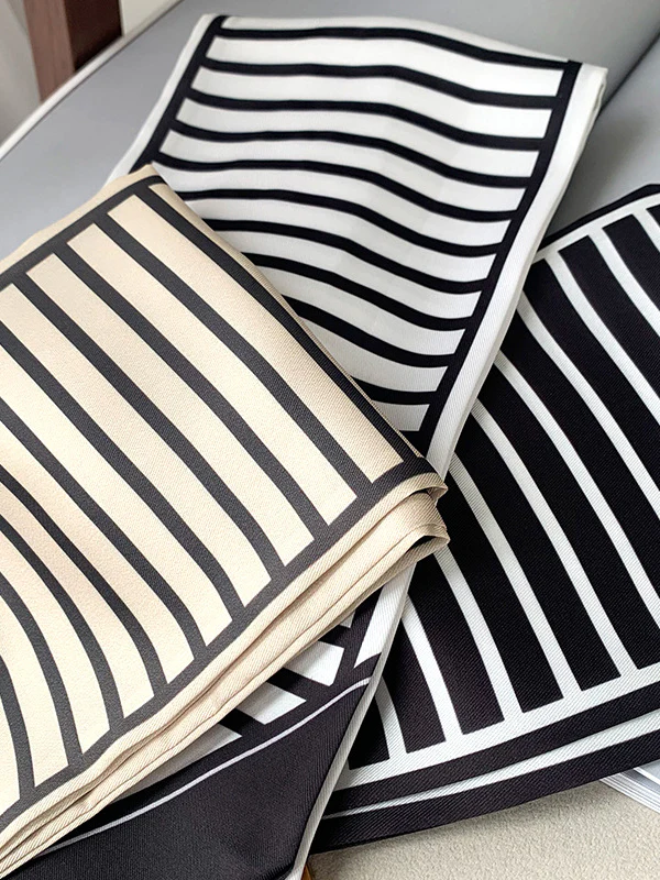 Urban Contrast Color Striped Printed Silk Imitation Scarf - Image 10