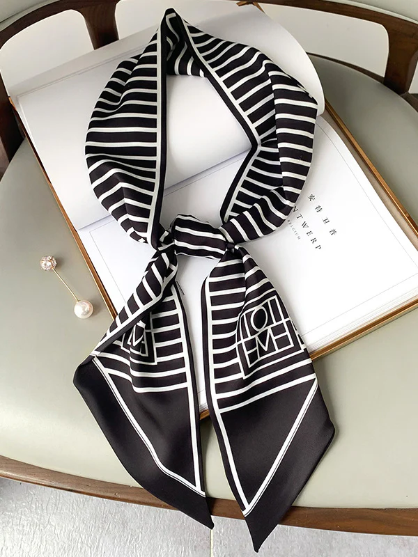 Urban Contrast Color Striped Printed Silk Imitation Scarf - Image 2