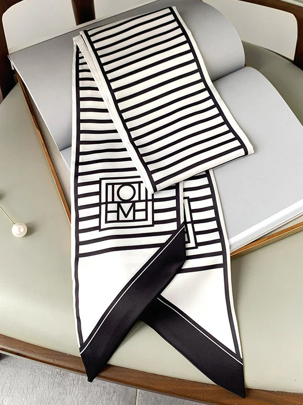 Urban Contrast Color Striped Printed Silk Imitation Scarf - Image 5