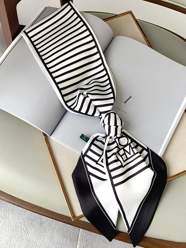Urban Contrast Color Striped Printed Silk Imitation Scarf - Image 6