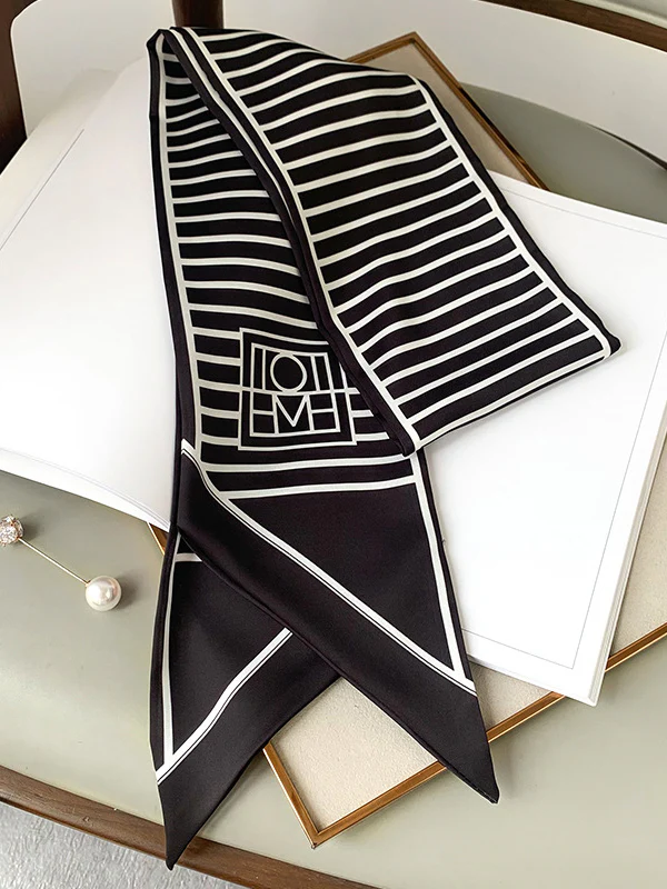 Urban Contrast Color Striped Printed Silk Imitation Scarf - Image 7