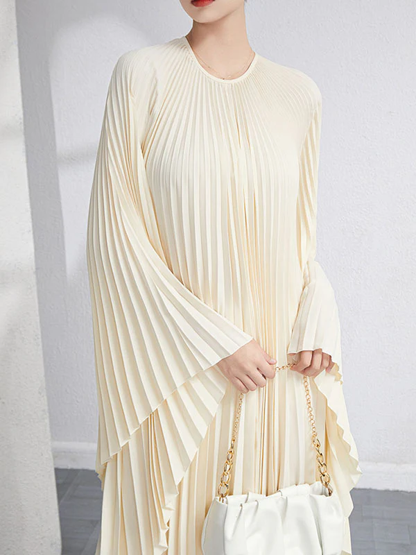 Urban Flared Batwing Sleeves Pleated Solid Color Round-Neck Midi Dresses - Image 10