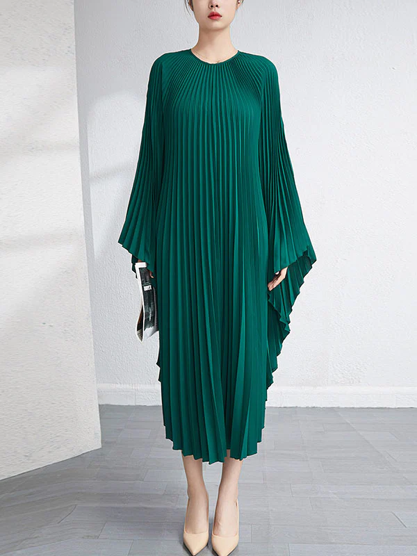 Urban Flared Batwing Sleeves Pleated Solid Color Round-Neck Midi Dresses - Image 11
