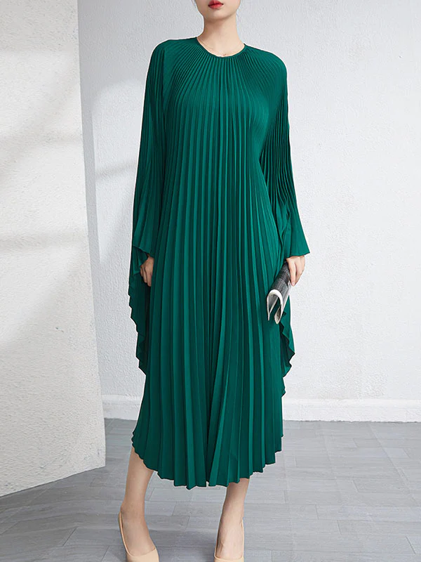 Urban Flared Batwing Sleeves Pleated Solid Color Round-Neck Midi Dresses - Image 12