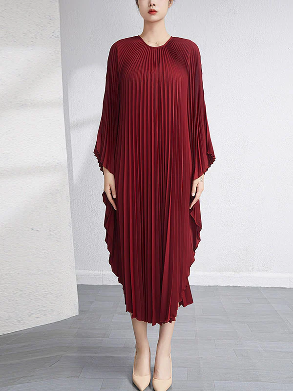 Urban Flared Batwing Sleeves Pleated Solid Color Round-Neck Midi Dresses - Image 13