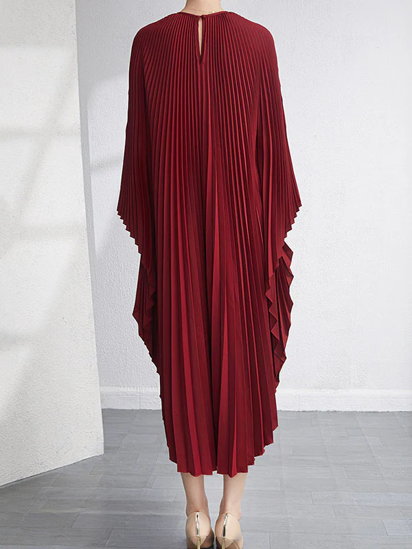 Urban Flared Batwing Sleeves Pleated Solid Color Round-Neck Midi Dresses - Image 14