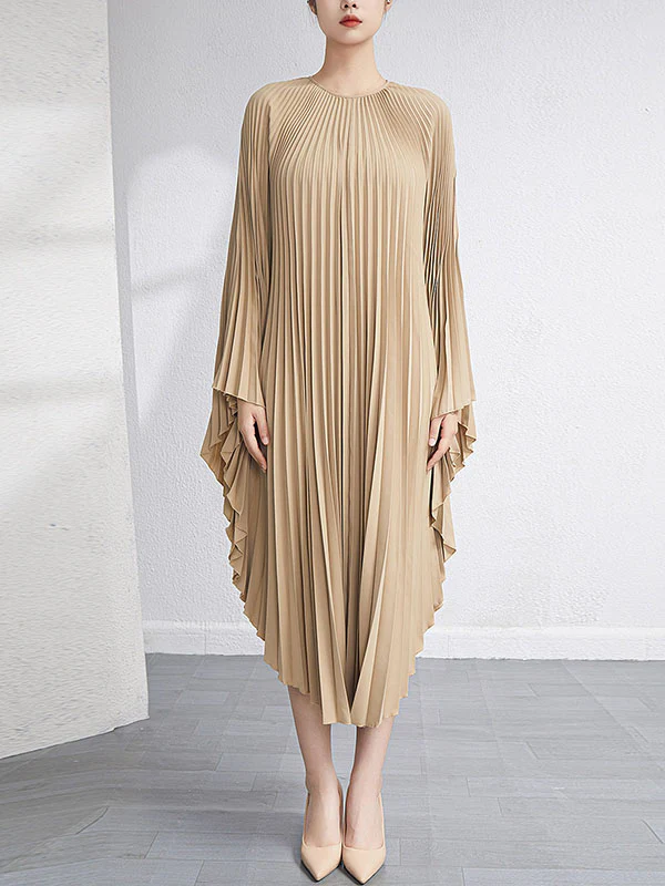 Urban Flared Batwing Sleeves Pleated Solid Color Round-Neck Midi Dresses - Image 15