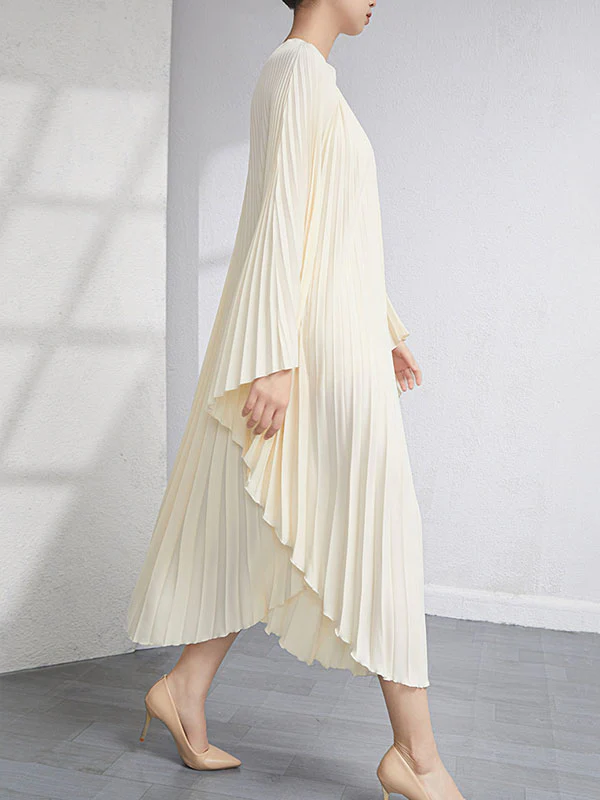 Urban Flared Batwing Sleeves Pleated Solid Color Round-Neck Midi Dresses - Image 2