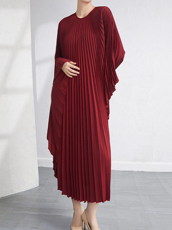 Urban Flared Batwing Sleeves Pleated Solid Color Round-Neck Midi Dresses - Image 4