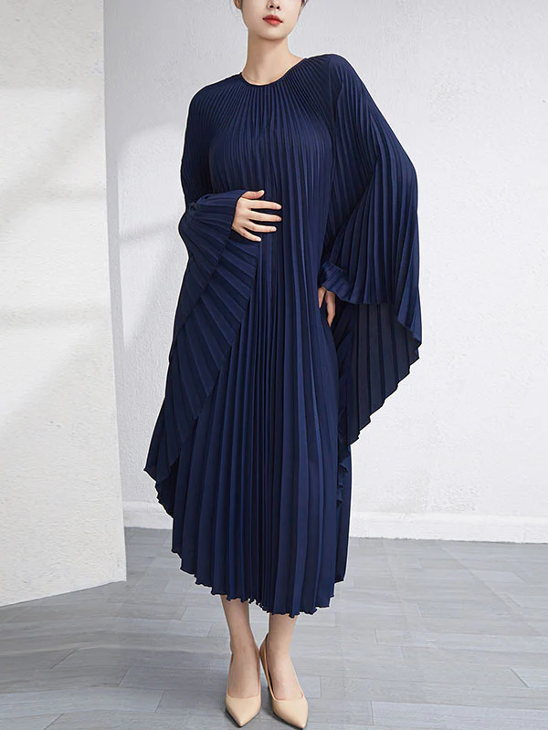 Urban Flared Batwing Sleeves Pleated Solid Color Round-Neck Midi Dresses - Image 6