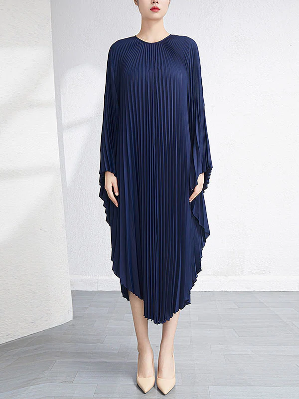 Urban Flared Batwing Sleeves Pleated Solid Color Round-Neck Midi Dresses - Image 7