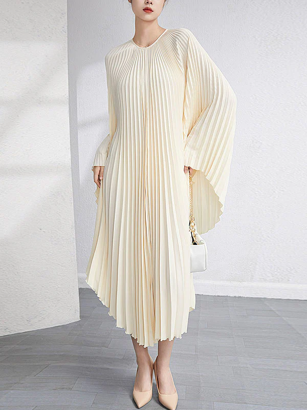 Urban Flared Batwing Sleeves Pleated Solid Color Round-Neck Midi Dresses - Image 8