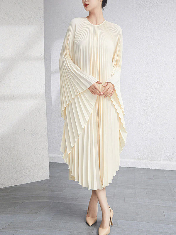 Urban Flared Batwing Sleeves Pleated Solid Color Round-Neck Midi Dresses - Image 9