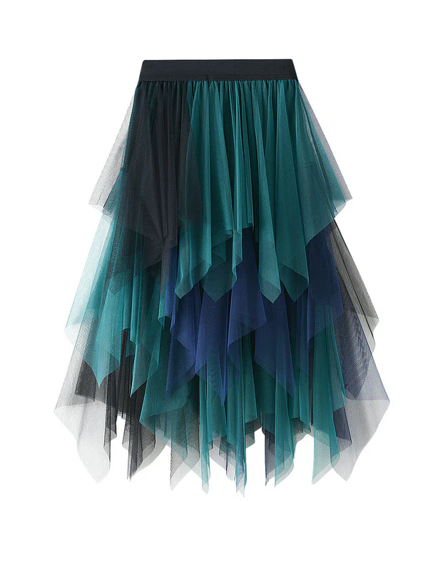 Urban Green Blue Contrast Color Irregular A-Line Gauze Skirts - Image 2