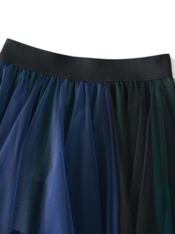 Urban Green Blue Contrast Color Irregular A-Line Gauze Skirts - Image 3