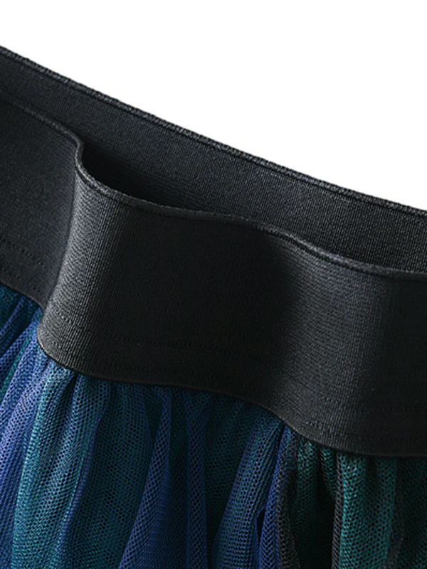 Urban Green Blue Contrast Color Irregular A-Line Gauze Skirts - Image 4