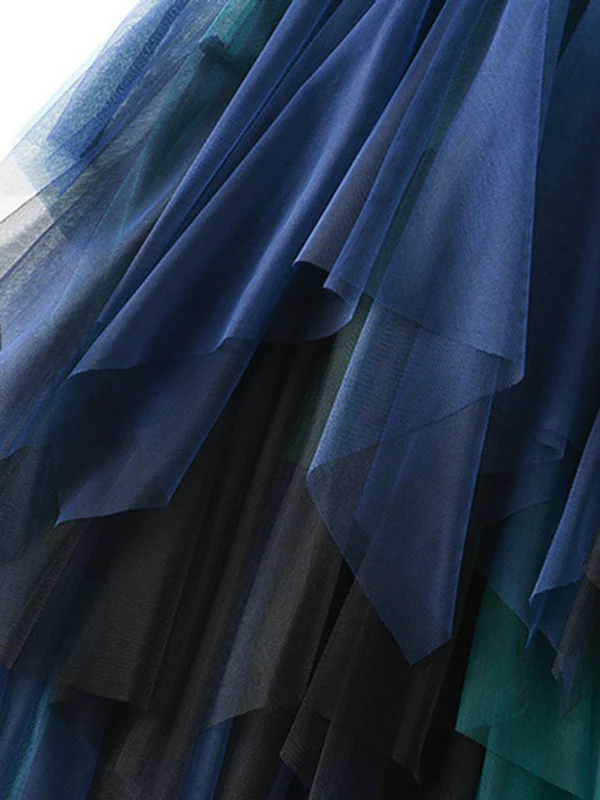 Urban Green Blue Contrast Color Irregular A-Line Gauze Skirts - Image 5