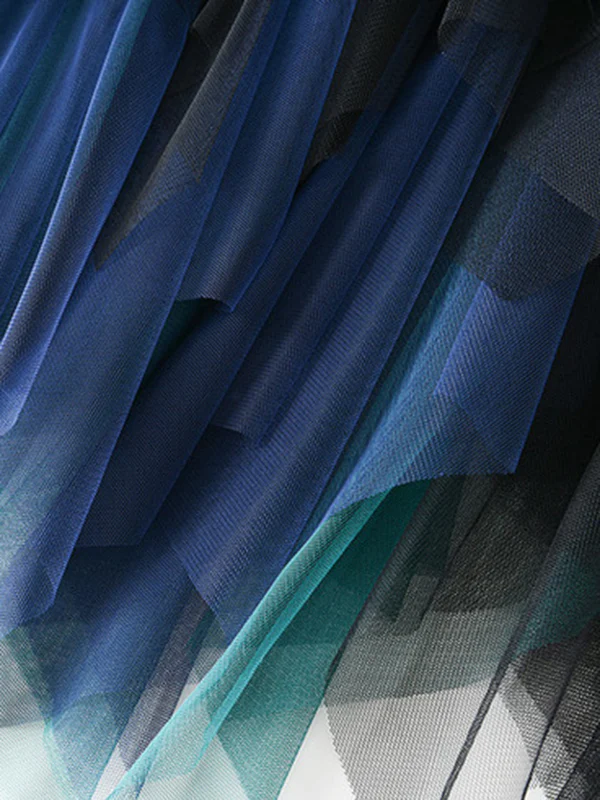 Urban Green Blue Contrast Color Irregular A-Line Gauze Skirts - Image 6