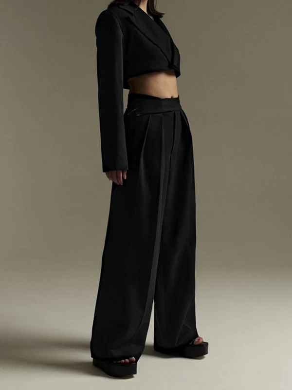 Urban High Waisted Wide Leg Striped Pleated Solid Color Pants - Image 2
