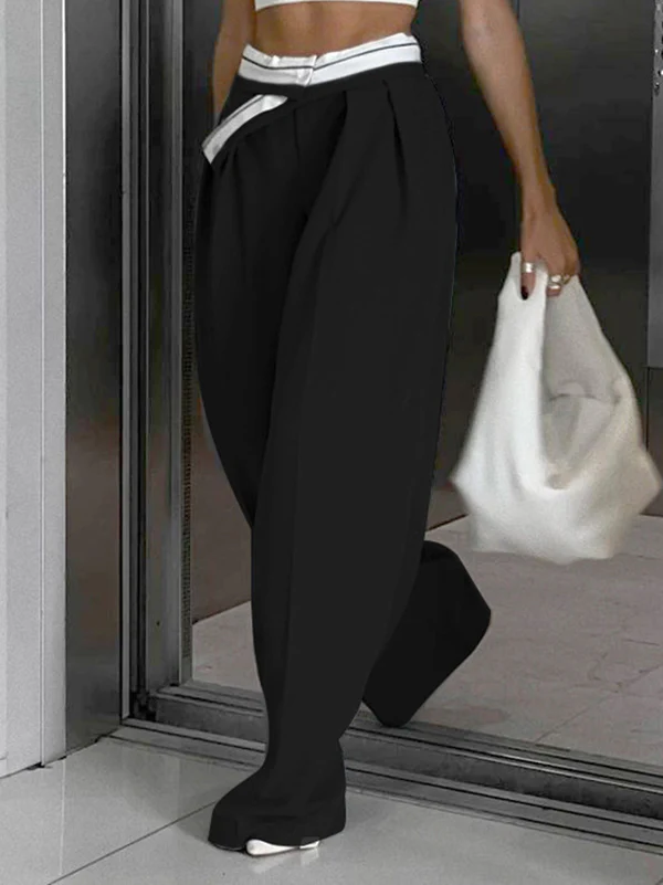 Urban High Waisted Wide Leg Striped Pleated Solid Color Pants - Image 3