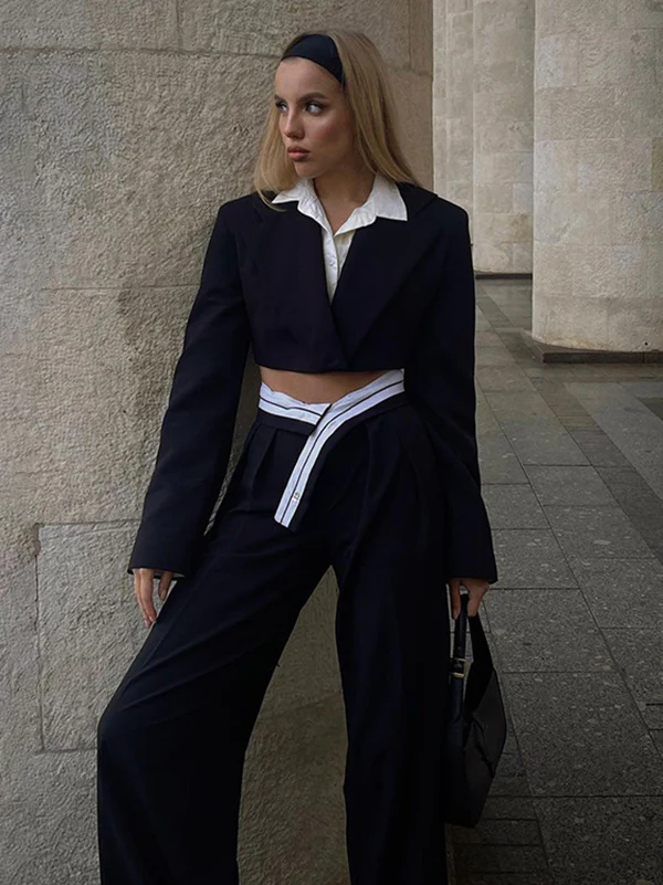 Urban High Waisted Wide Leg Striped Pleated Solid Color Pants - Image 7
