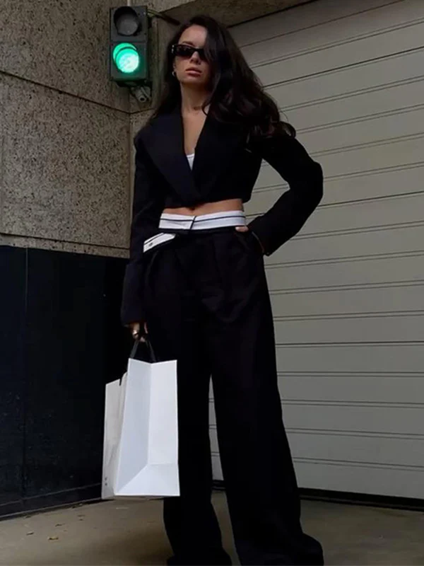 Urban High Waisted Wide Leg Striped Pleated Solid Color Pants - Image 8