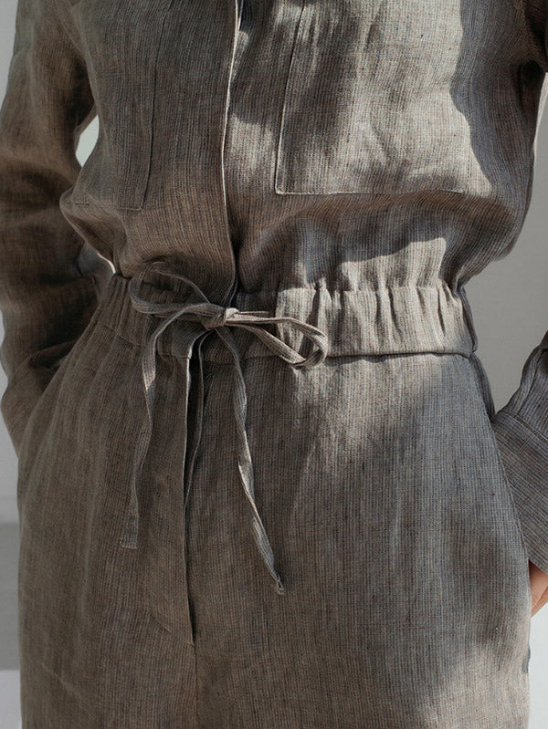 Urban Linen Drawstring Elastic Waisted Wide Leg Long Sleeves Jumpsuits - Image 11