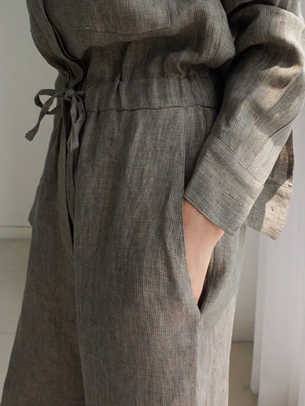 Urban Linen Drawstring Elastic Waisted Wide Leg Long Sleeves Jumpsuits - Image 12