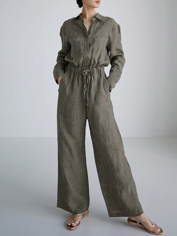 Urban Linen Drawstring Elastic Waisted Wide Leg Long Sleeves Jumpsuits - Image 2