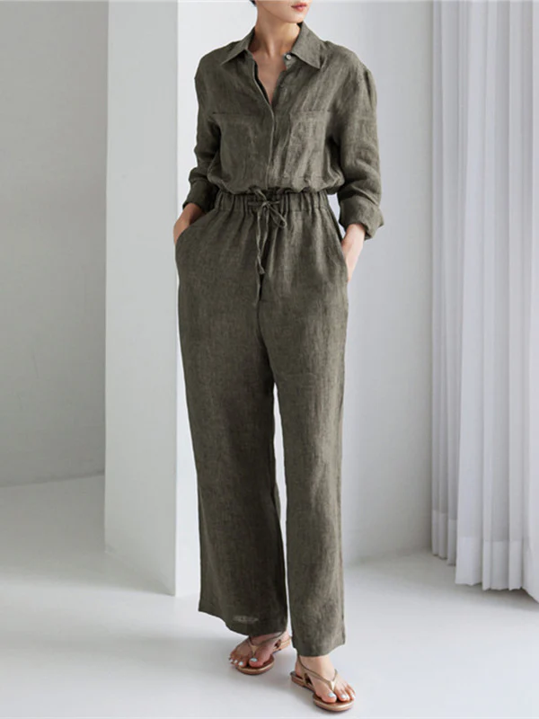 Urban Linen Drawstring Elastic Waisted Wide Leg Long Sleeves Jumpsuits - Image 3