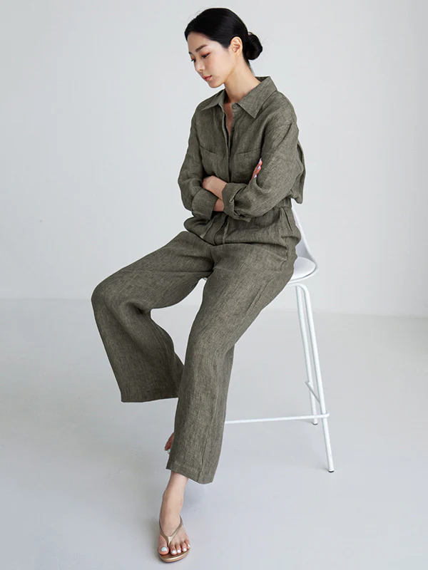 Urban Linen Drawstring Elastic Waisted Wide Leg Long Sleeves Jumpsuits - Image 4