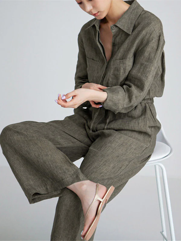 Urban Linen Drawstring Elastic Waisted Wide Leg Long Sleeves Jumpsuits - Image 5