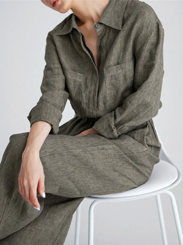 Urban Linen Drawstring Elastic Waisted Wide Leg Long Sleeves Jumpsuits - Image 6