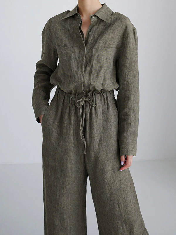 Urban Linen Drawstring Elastic Waisted Wide Leg Long Sleeves Jumpsuits - Image 7