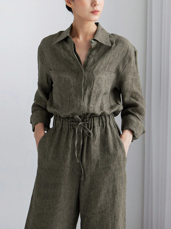 Urban Linen Drawstring Elastic Waisted Wide Leg Long Sleeves Jumpsuits - Image 8
