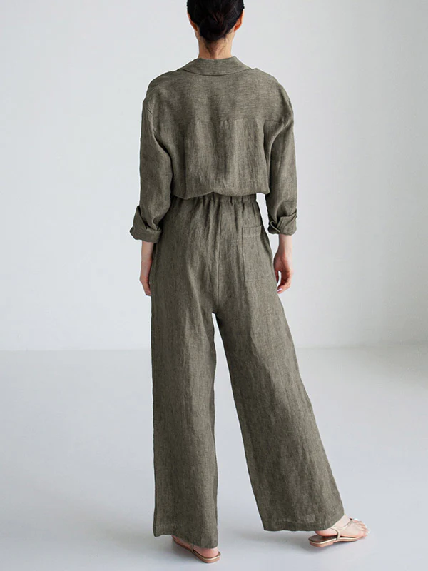 Urban Linen Drawstring Elastic Waisted Wide Leg Long Sleeves Jumpsuits - Image 9