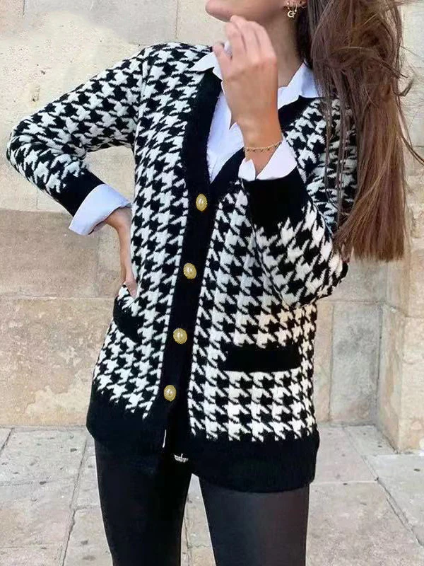 Urban Long Sleeves Checkered V-Neck Cardigan Tops - Image 2